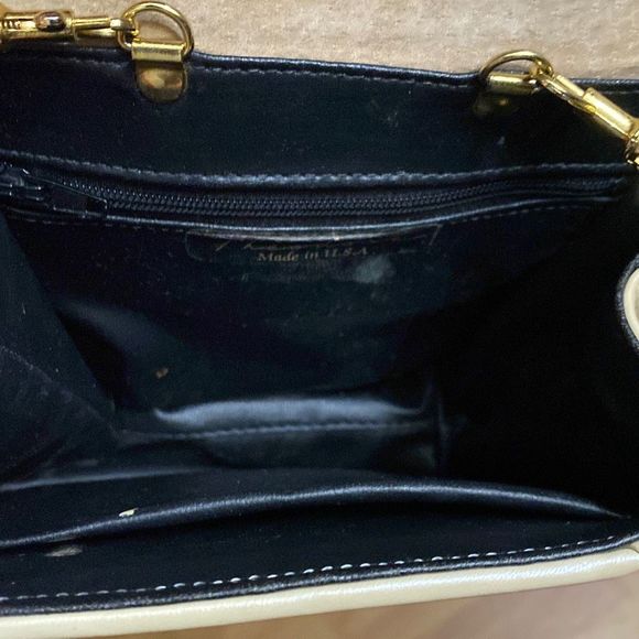 Vintage Theodora Cream Leather and Tan Canvas Accent Crossbody Bag Made in USA - Picture 8 of 9